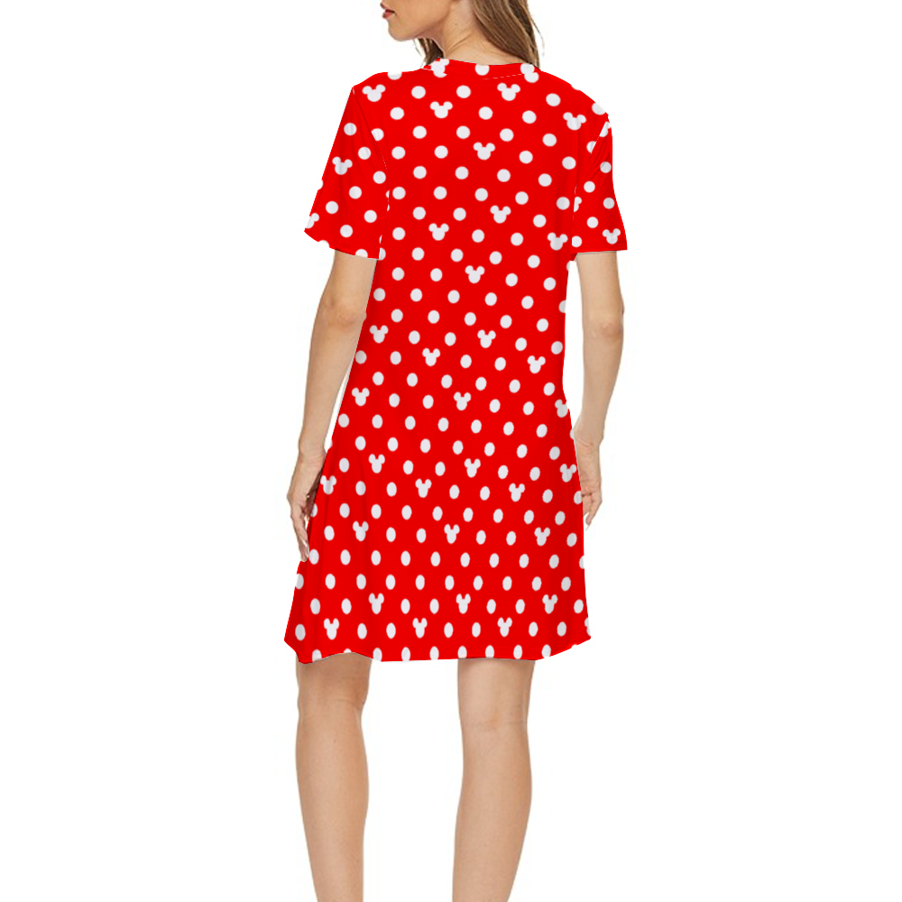Red With White Mickey Polka Dots Short Sleeved Dress