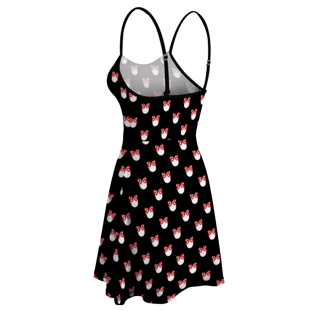 White Polka Dot Red Bow Women's Sling Short Dress