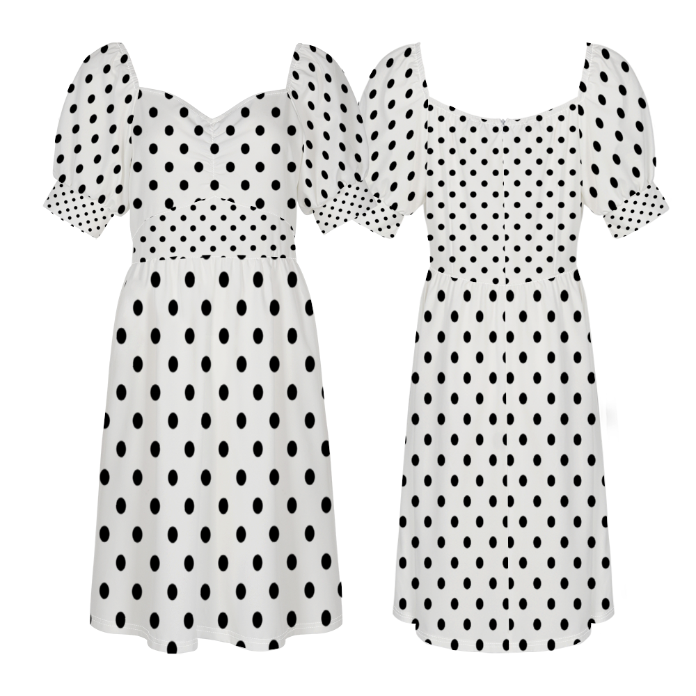 White With Black Polka Dots Women's Short Sleeve V-neck Knee-Length Dress
