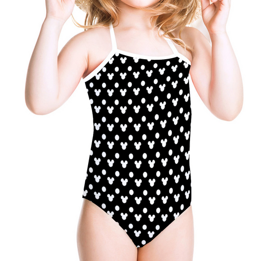 Black With White Mickey Polka Dots Girl's Halter One Piece Swimsuit