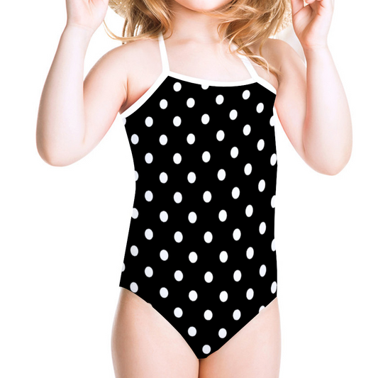 Black With White Polka Dots Girl's Halter One Piece Swimsuit