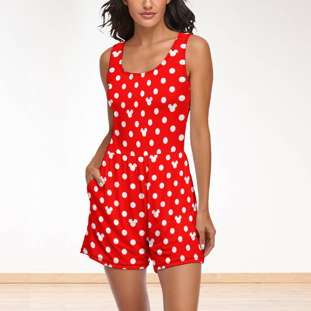 Red With White Mickey Polka Dots Women's Sleeveless Jumpsuit Romper With Pockets