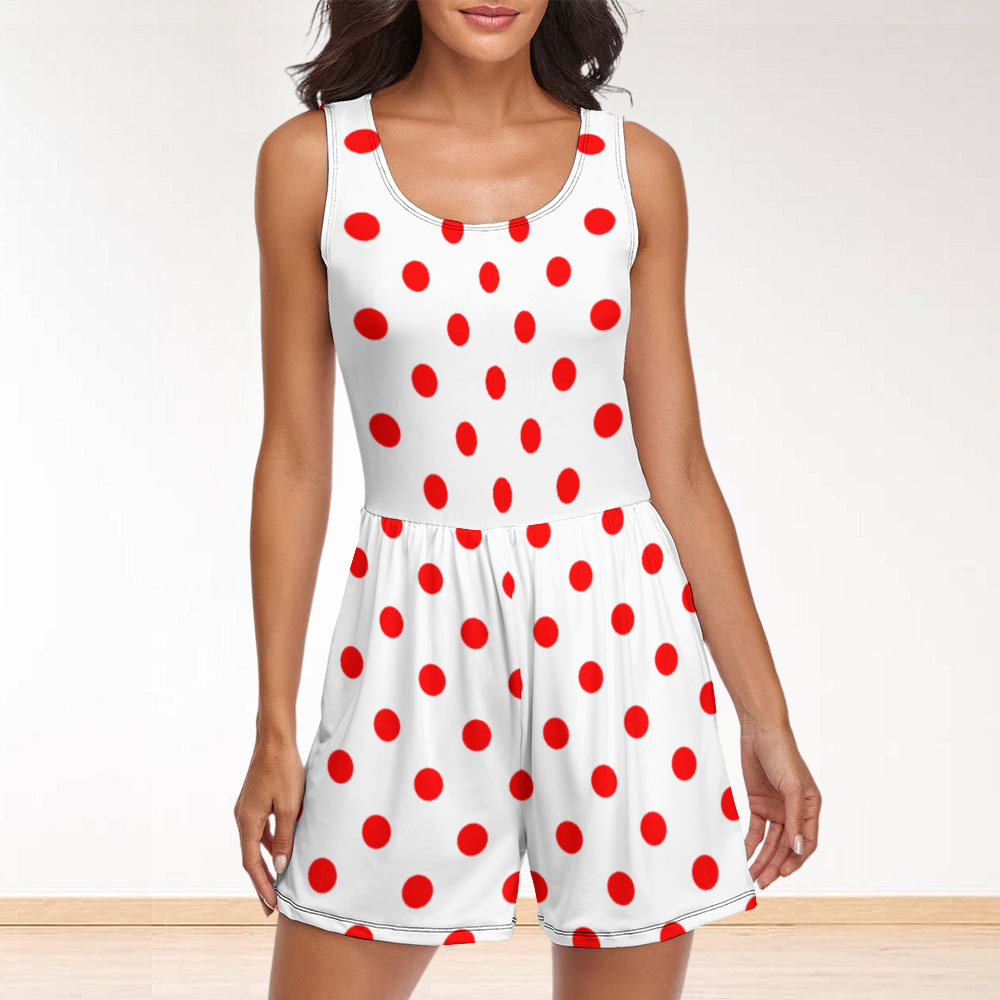 White With Red Polka Dots Women's Sleeveless Jumpsuit Romper With Pockets