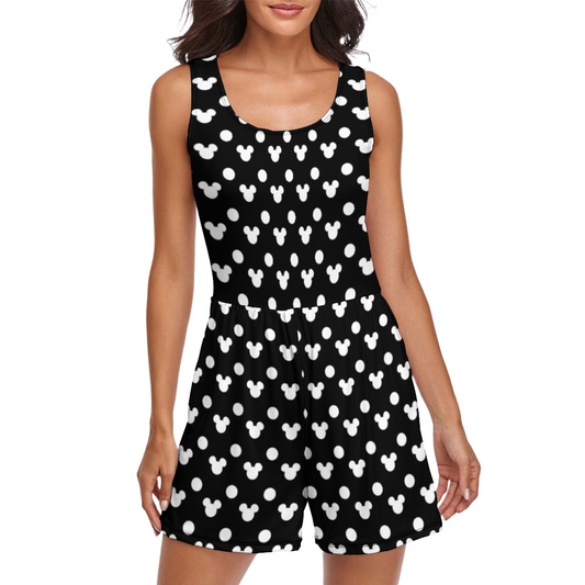 Black With White Mickey Polka Dots Women's Sleeveless Jumpsuit Romper With Pockets