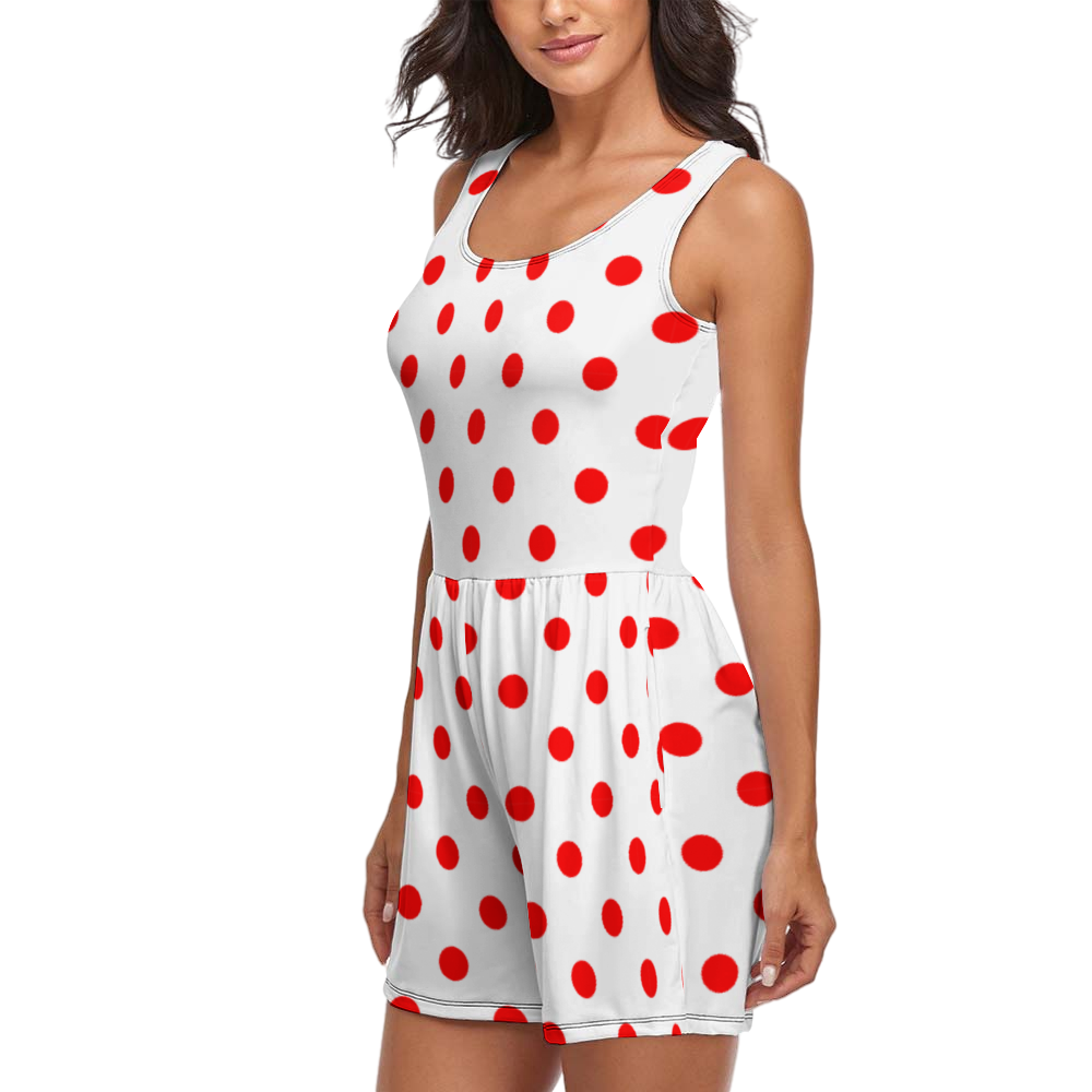 White With Red Polka Dots Women's Sleeveless Jumpsuit Romper With Pockets