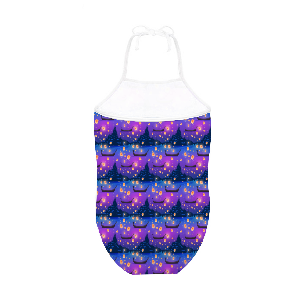 Disney Tangled Rapunzel Floating Lanterns Girl's Halter One Piece Swimsuit