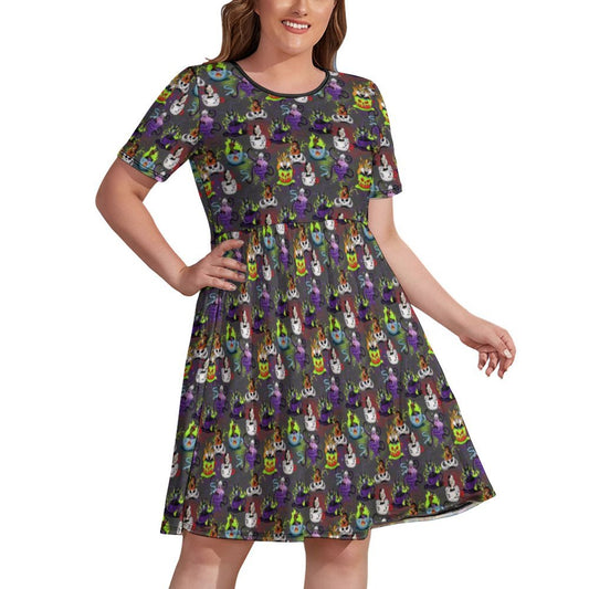 Villain Tea Cups Women's Round Neck Plus Size Dress With Pockets