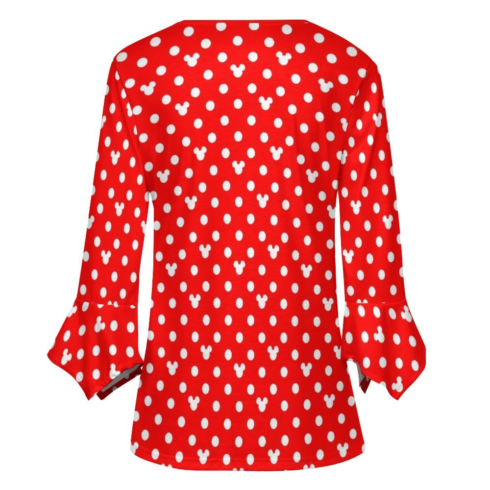 Red With White Polka Dots Women's Ruffled Petal Sleeve Top