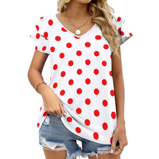 White With Red Polka Dots Women's Ruffle Sleeve V-Neck T-Shirt