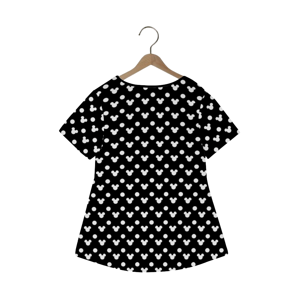 Black With White Mickey Polka Dots Women's Crew Neck Loose Tunic