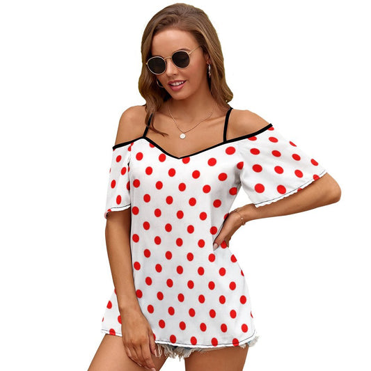 White With Red Polka Dots Women's Off-Shoulder Cold Shoulder Camisole Top
