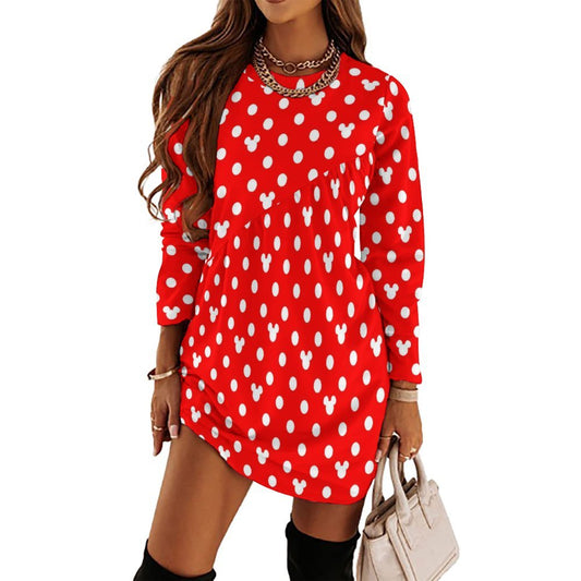 Red With White Mickey Polka Dots Long Sleeve Patchwork T-shirt Dress