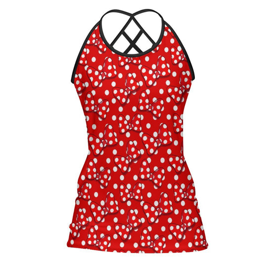 Red With White Polka Dot And Bows Women's Criss-Cross Open Back Tank Top