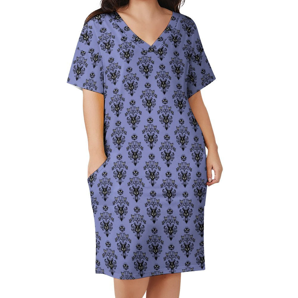 Haunted Mansion Wallpaper Women's V-neck Loose Dress With Pockets