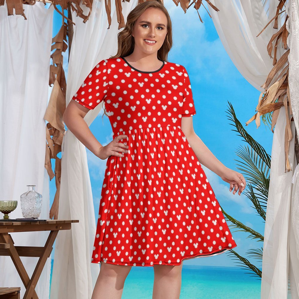Red With White Mickey Polka Dots Women's Round Neck Plus Size Dress With Pockets