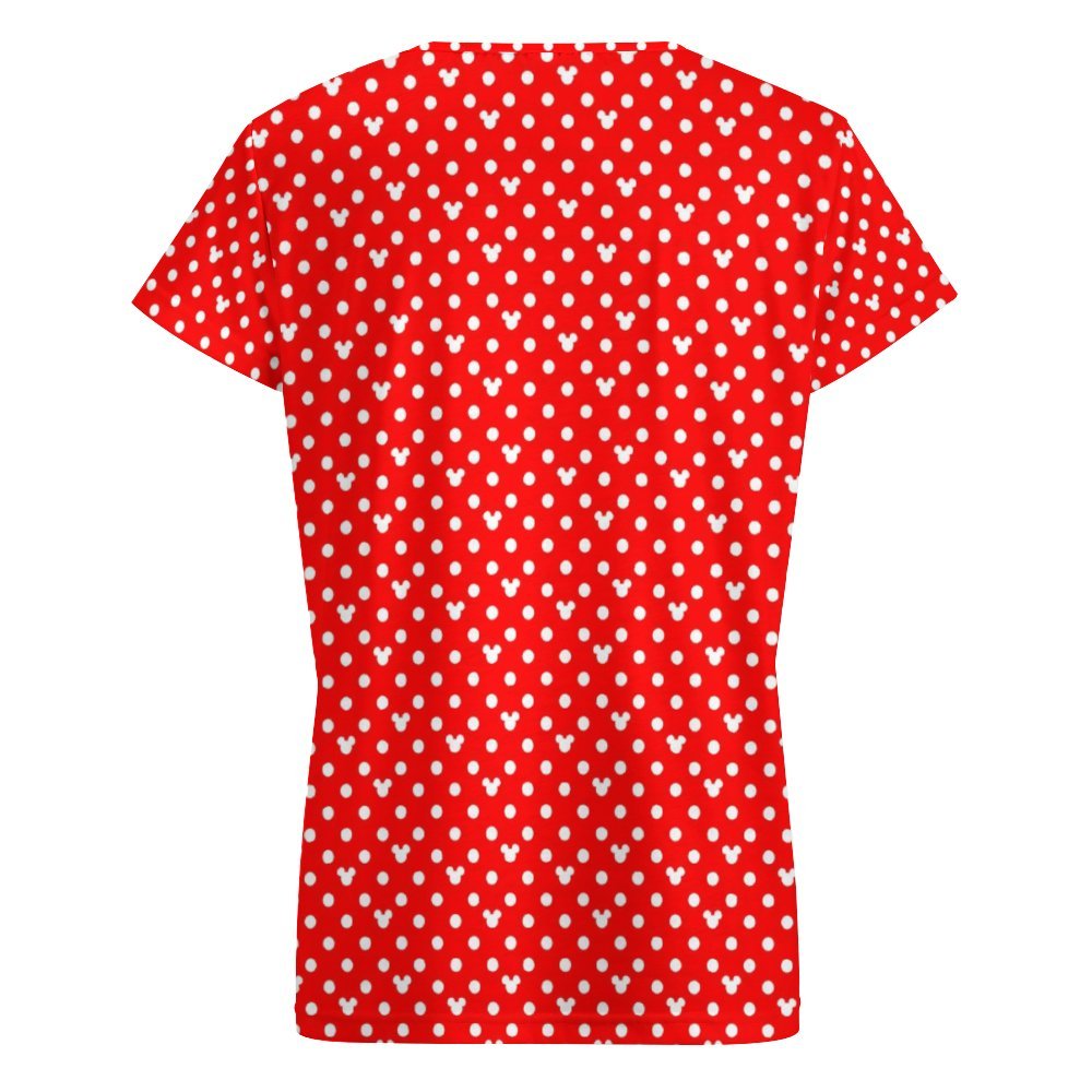 Red With White Mickey Polka Dots Women's V-Neck Short Sleeve T-Shirt