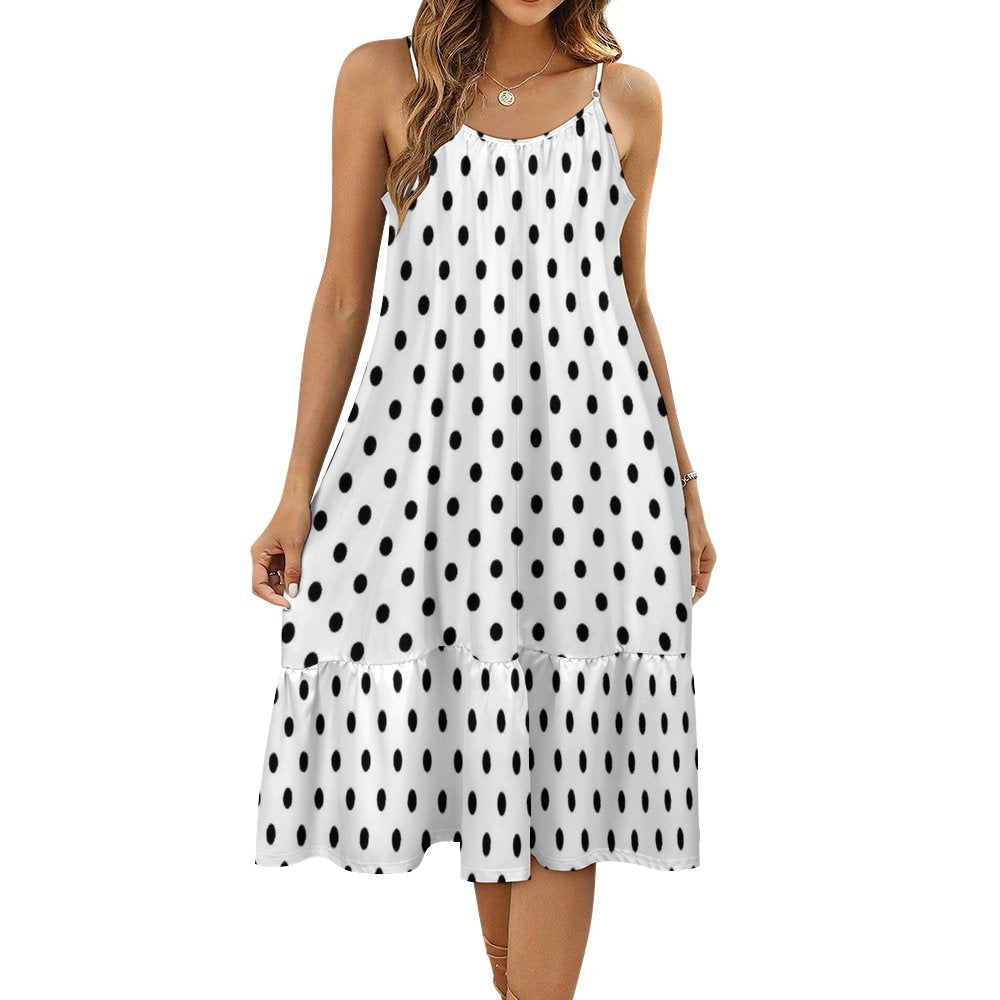 White With Black Polka Dots Suspender Sleeveless Dress