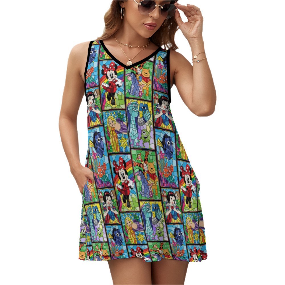 Stained Glass Characters Sleeveless Sundress With Pockets