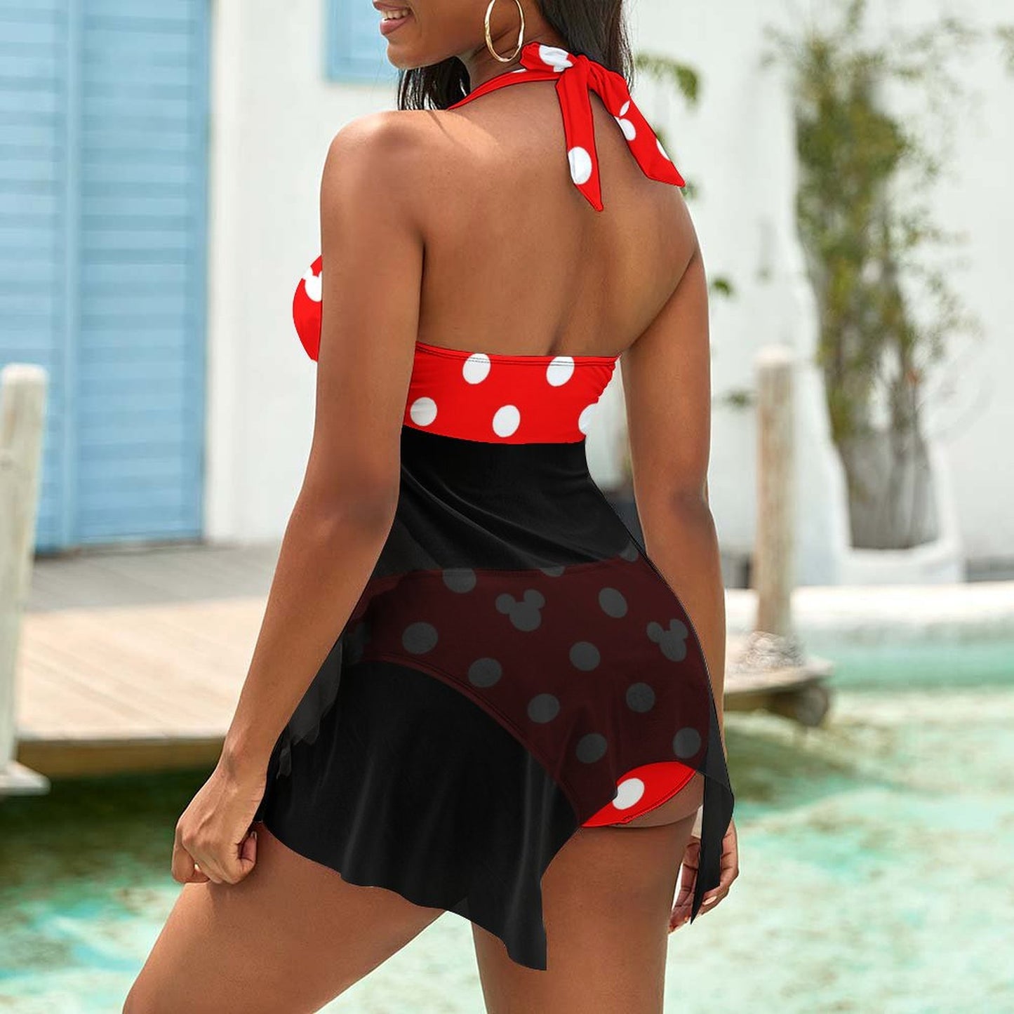 Red With White Mickey Polka Dots Women's Split Skirt Swimsuit