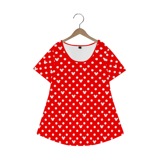 Red With White Mickey Polka Dots Women's Crew Neck Loose Tunic