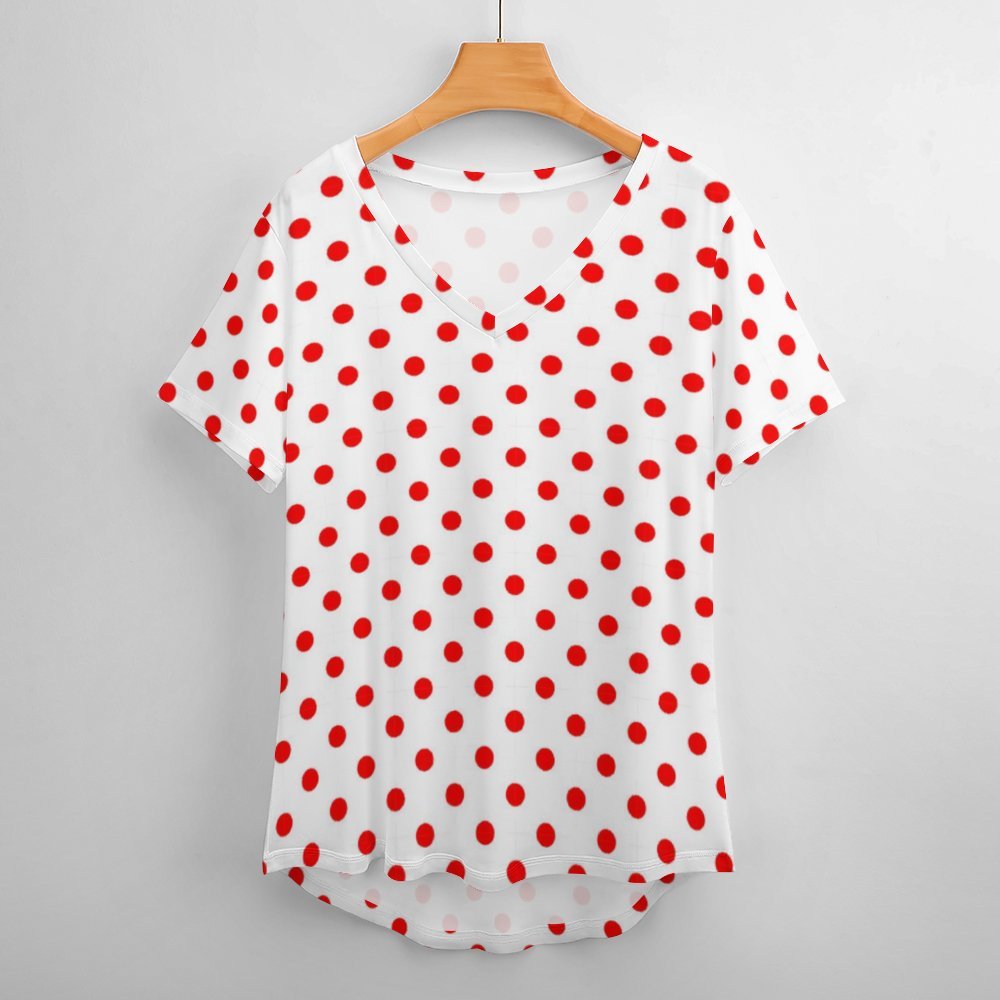 White With Red Polka Dots Women's V-Neck T-Shirt