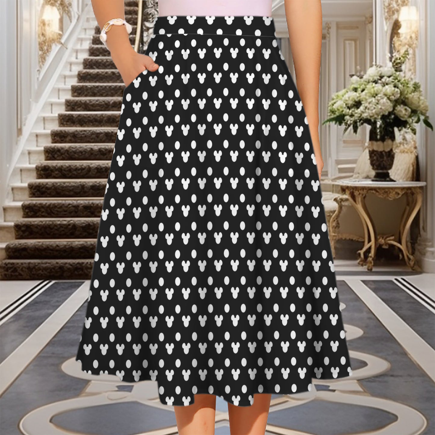 Black With White Mickey Polka Dots Elastic Waist Midi Skirt With Pockets