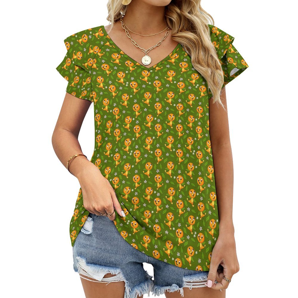 Orange Bird Women's Ruffle Sleeve V-Neck T-Shirt