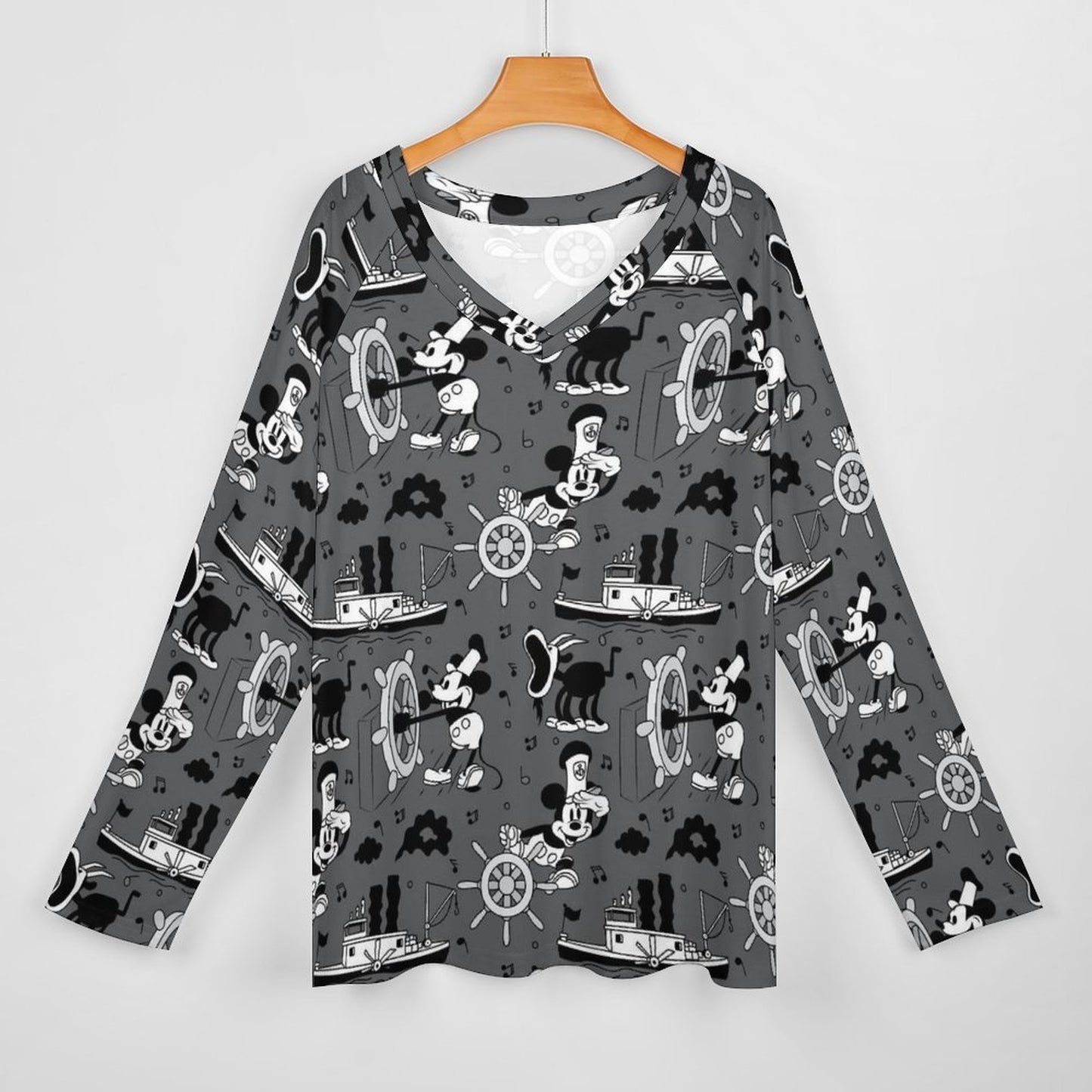 Steamboat Mickey Long Sleeve Loose V-Neck Tee