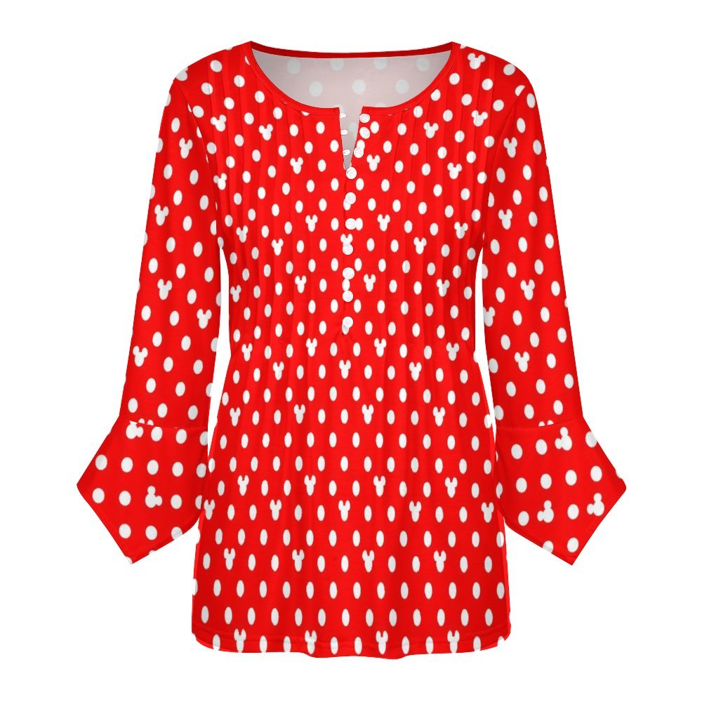 Red With White Polka Dots Women's Ruffled Petal Sleeve Top