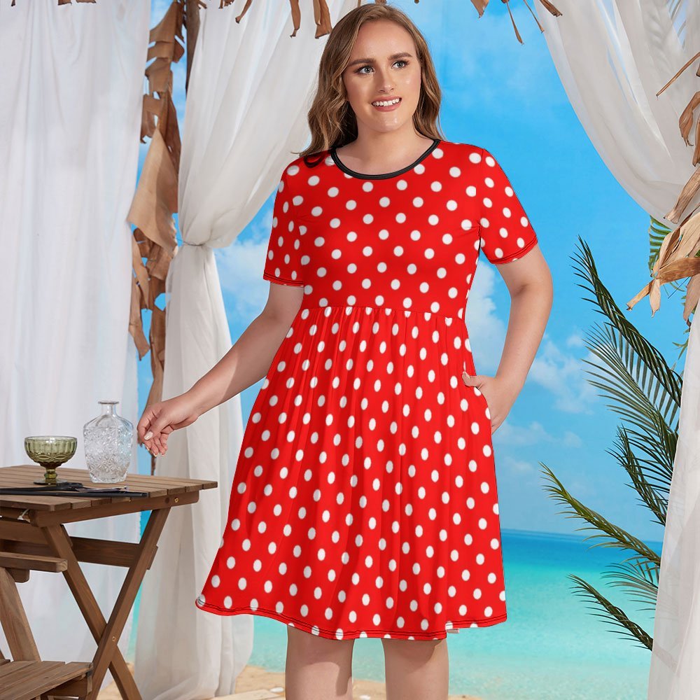Red With White Polka Dots Women's Round Neck Plus Size Dress With Pock Ambrie Red With White Polka Dots Women's Round Neck Plus Size Dress With Pock Ambrie