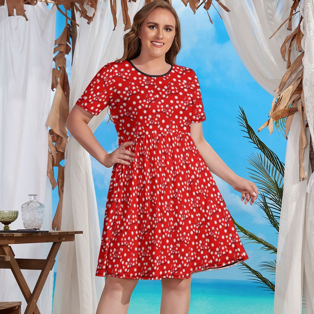 Red With White Polka Dot And Bows Women's Round Neck Plus Size Dress With Pockets