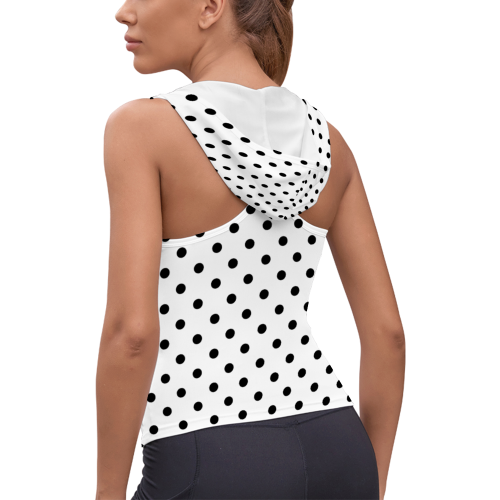 White With Black Polka Dots Women's Athletic V-Neck Sleeveless Hoodie Vest Tank Top