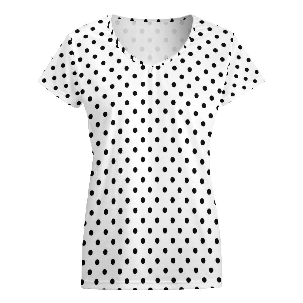 White With Black Polka Dots Women's V-Neck Short Sleeve T-Shirt