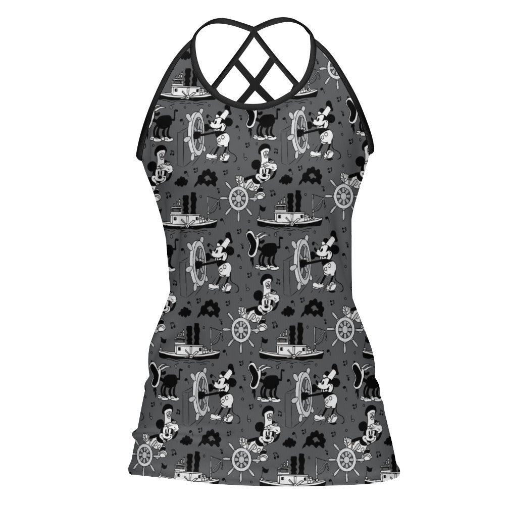 Steamboat Mickey Women's Criss-Cross Open Back Tank Top