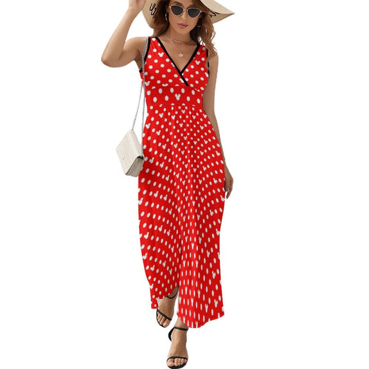 Red With White Mickey Polka Dots Women's Long Sleeveless Dress