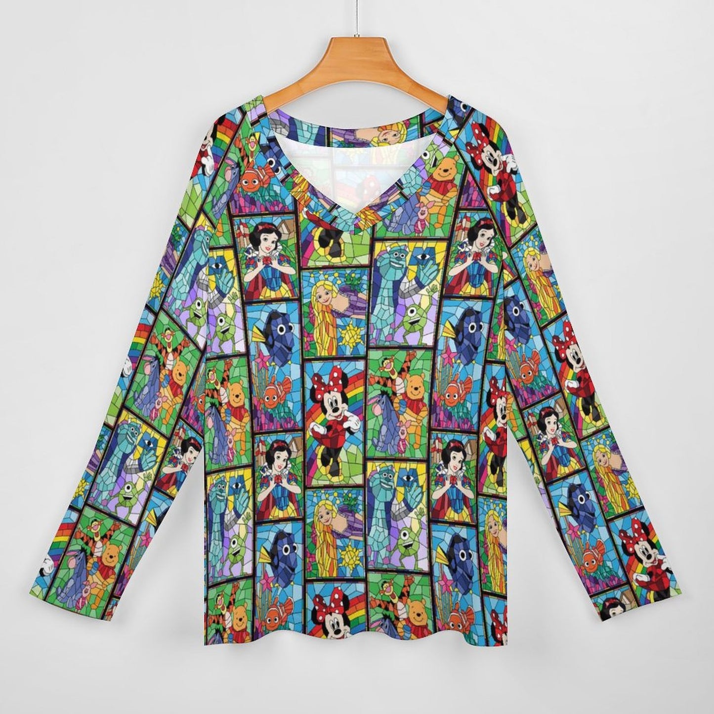 Stained Glass Characters Long Sleeve Loose V-Neck Tee