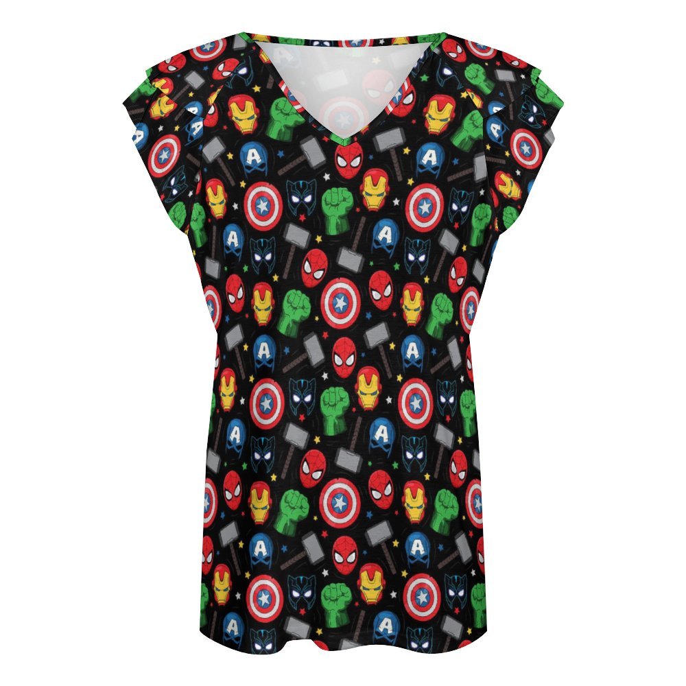 Super Heroes Women's Ruffle Sleeve V-Neck T-Shirt