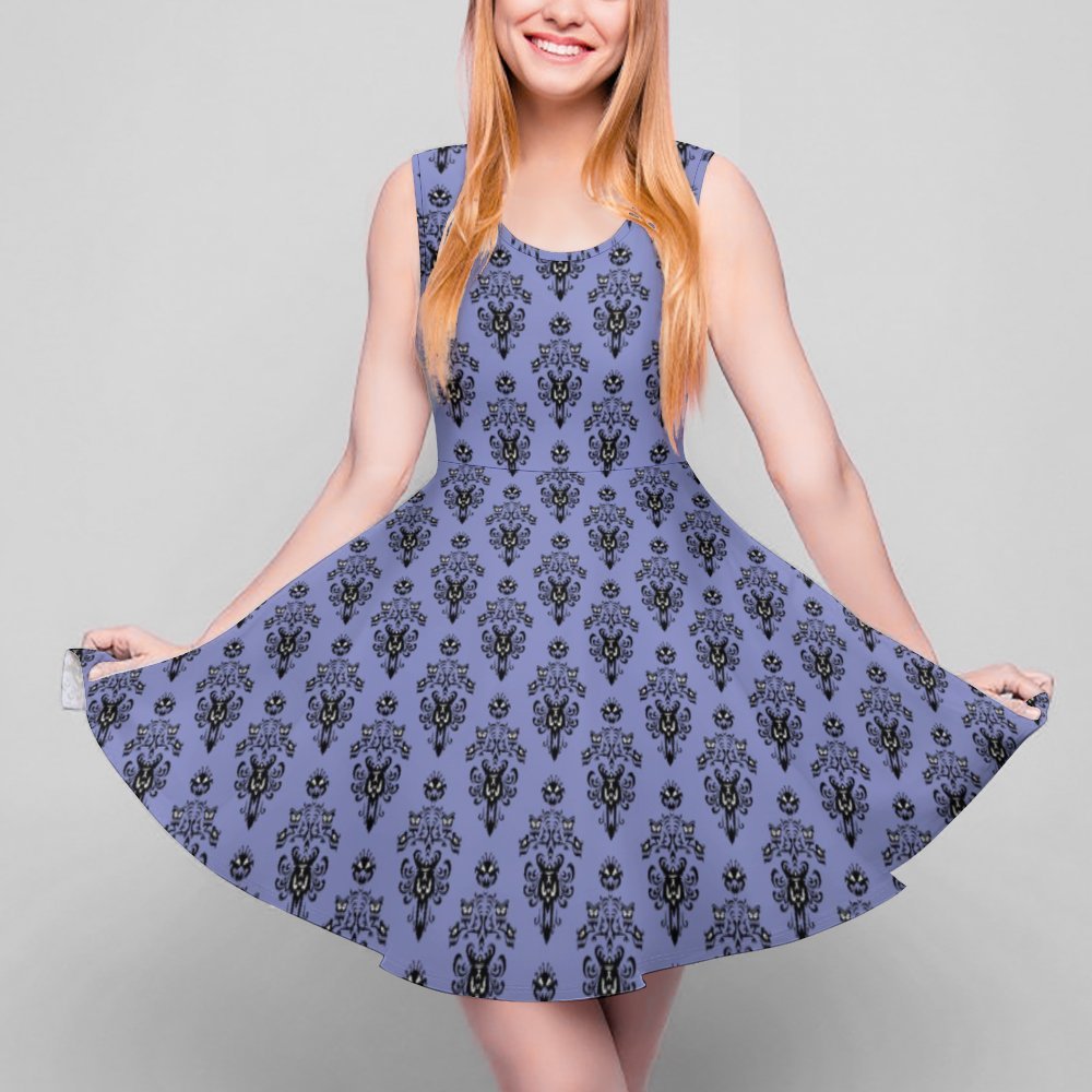 Haunted Mansion Wallpaper Women s Sleeveless Round Neck Skater Dress
