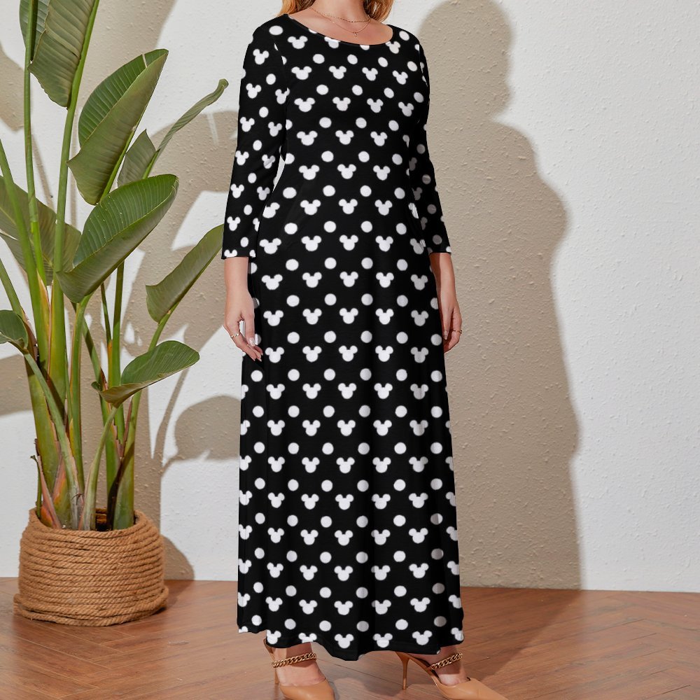 Black With White Mickey Polka Dots Plus Size Loose-Fit Long Sleeve Dress