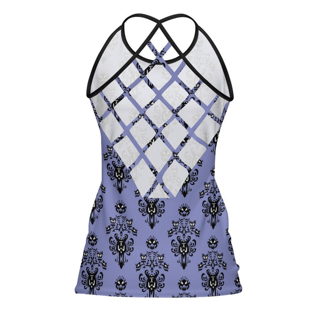 Haunted Mansion Wallpaper Women's Criss-Cross Open Back Tank Top