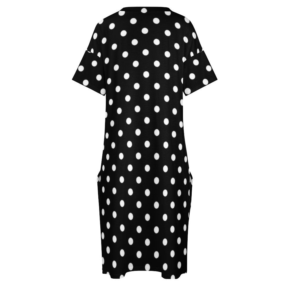 Black With White Polka Dots Women's V-neck Loose Dress With Pockets