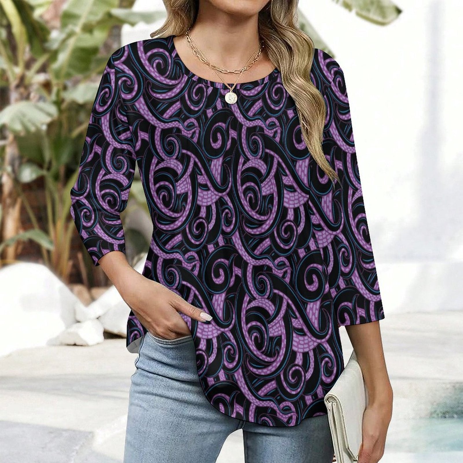 Ursula Tentacles Women's 3/4 Sleeve Pleated Tunic Top - Ambrie