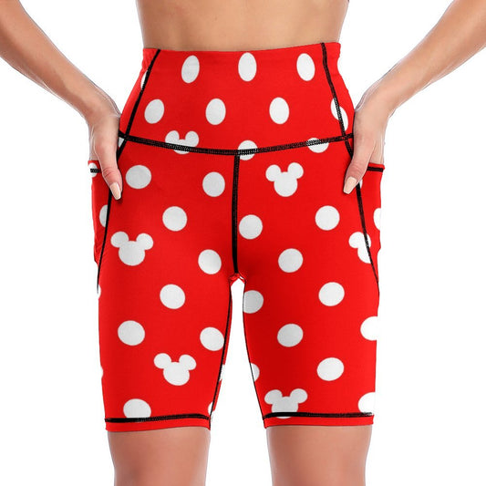 Red With White Mickey Polka Dots Women's Knee Length Athletic Yoga Shorts With Pockets
