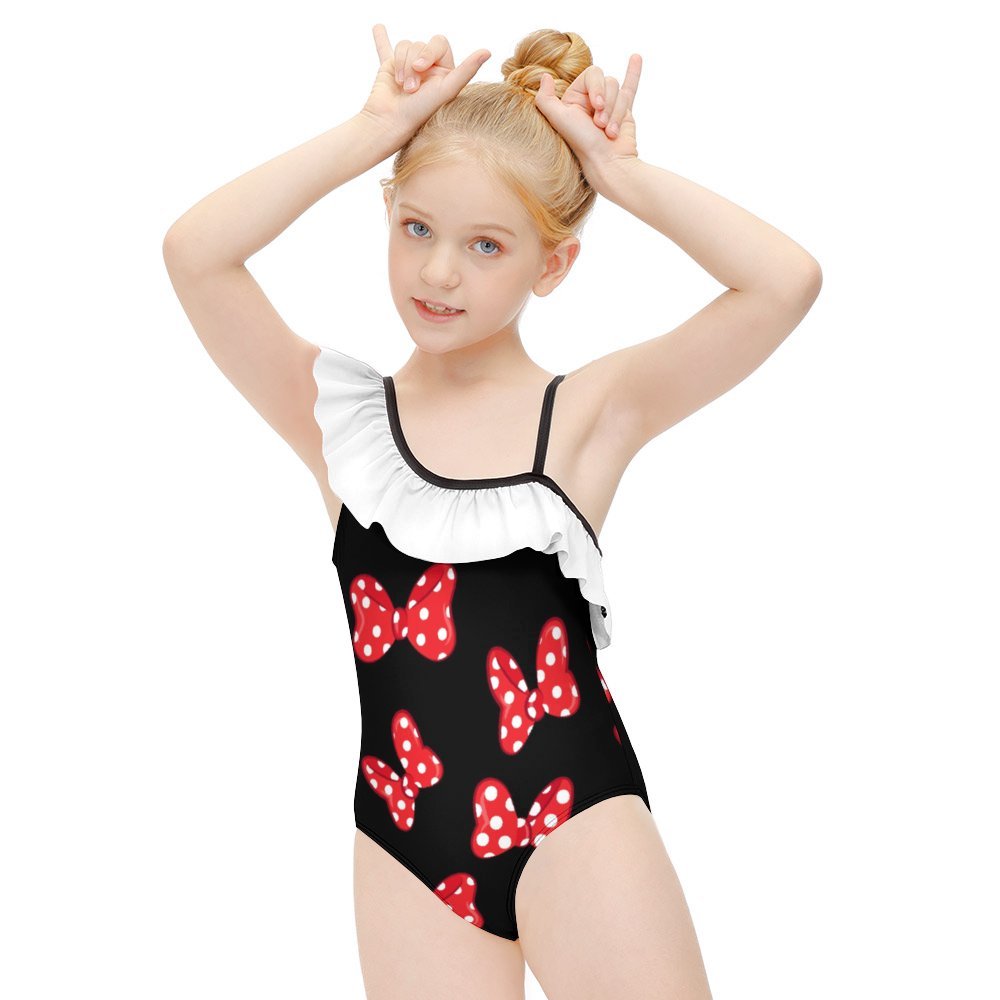 Polka Dot Bows Girls Flounce One-Piece Swimsuit