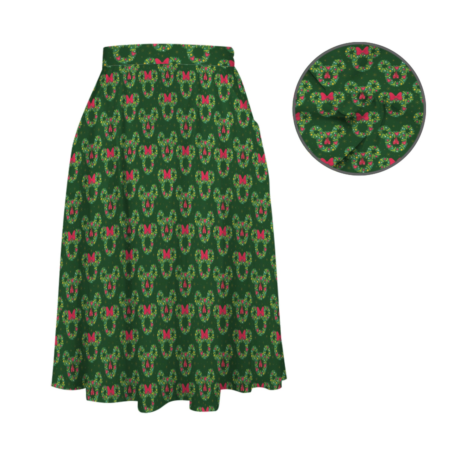 Christmas Wreaths Elastic Waist Midi Skirt With Pockets