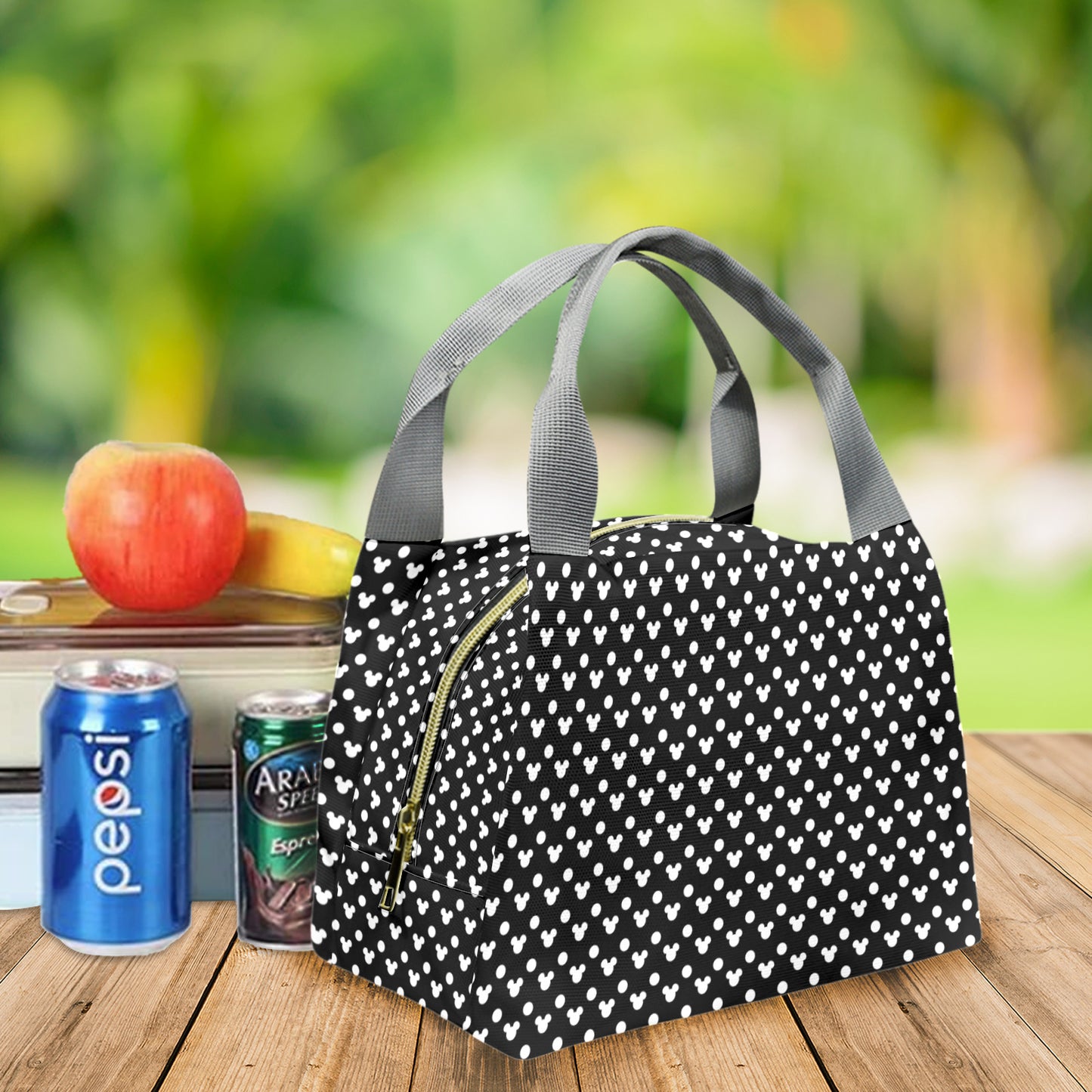 Black With White Mickey Polka Dots Portable Lunch Bag