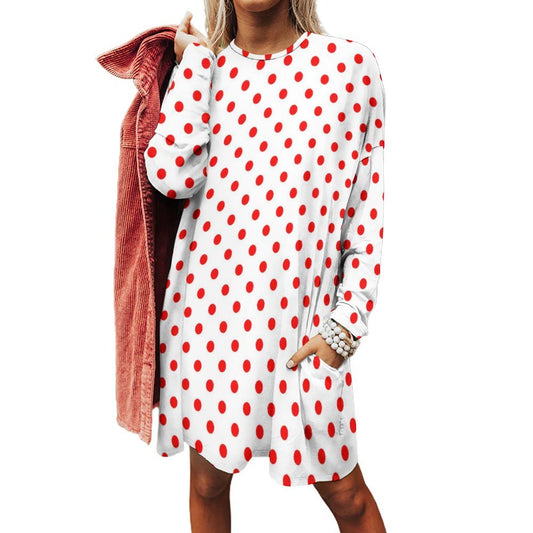 White With Red Polka Dots Women's Long Fit Sweatshirt With Pockets