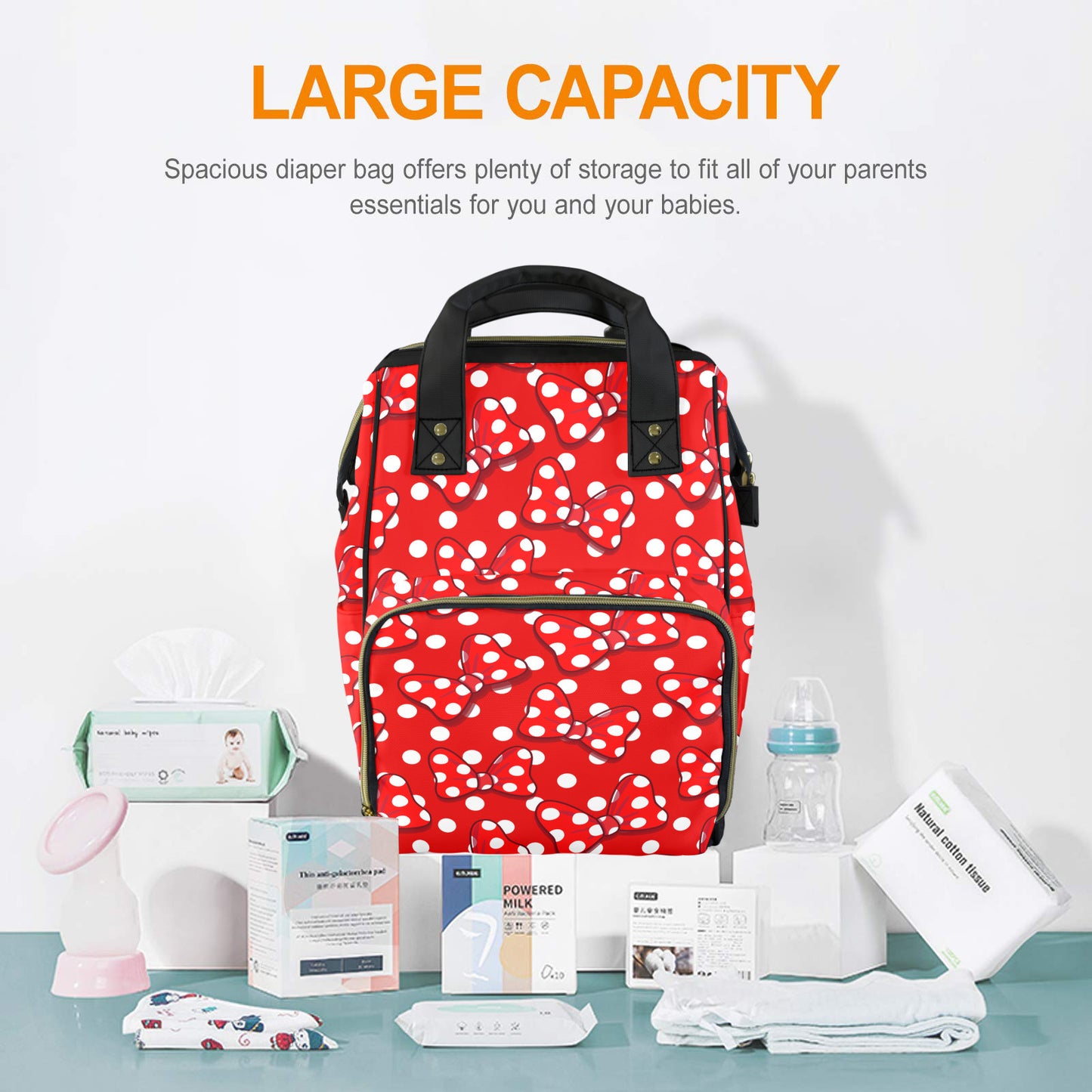 Red With White Polka Dot And Bows Multi-Function Diaper Bag