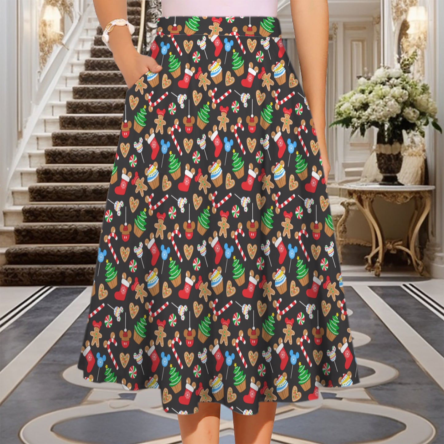Christmas Treats Elastic Waist Midi Skirt With Pockets