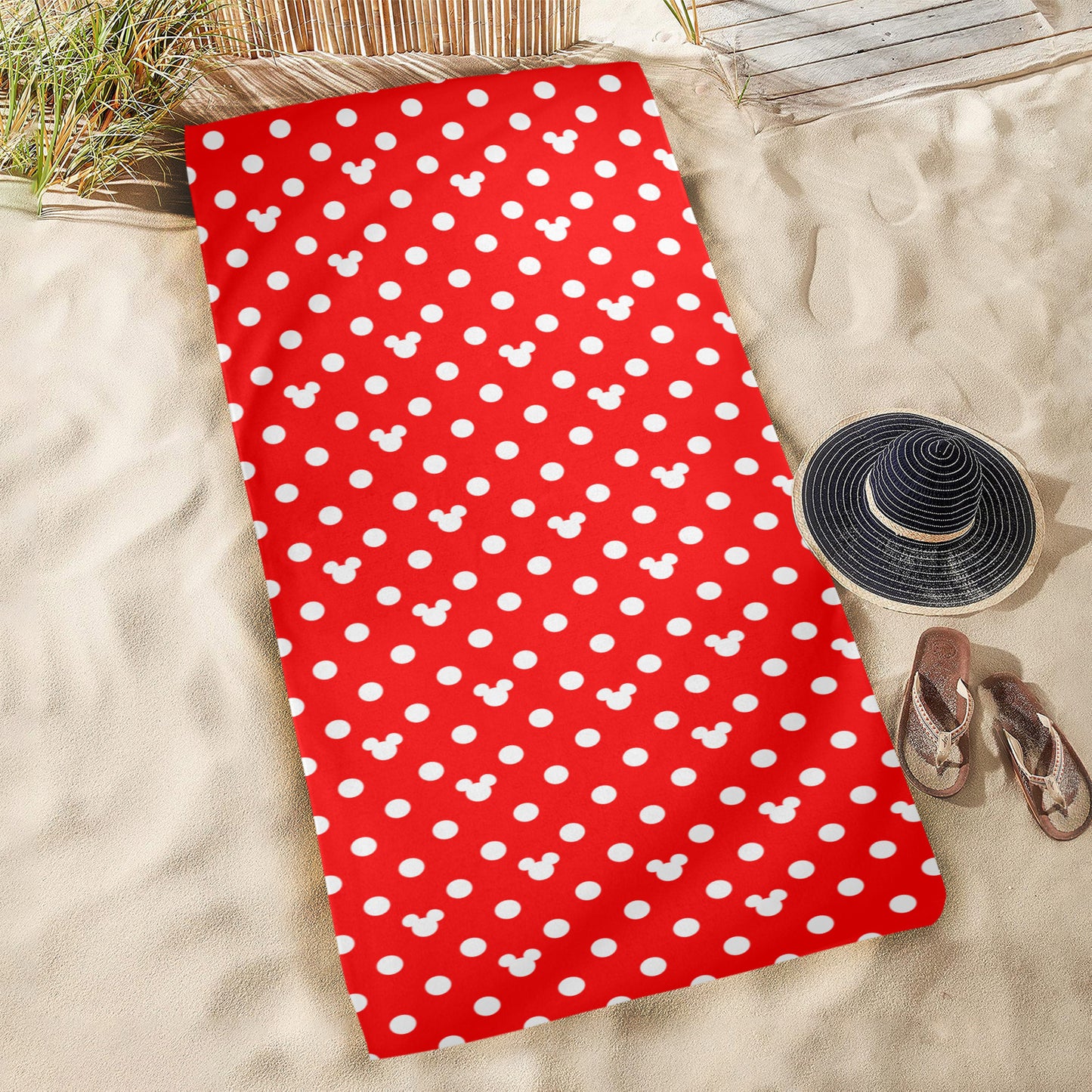 Red With White Mickey Poalk Dots Beach Towel